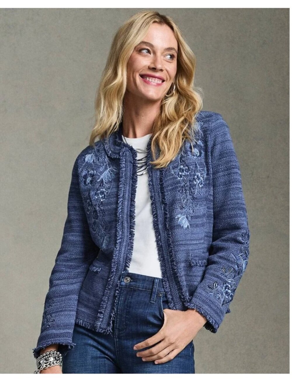 CHICO'S Embroidered Cardigan Sweater Jacket Fringe Hem Navy Size 3/XL